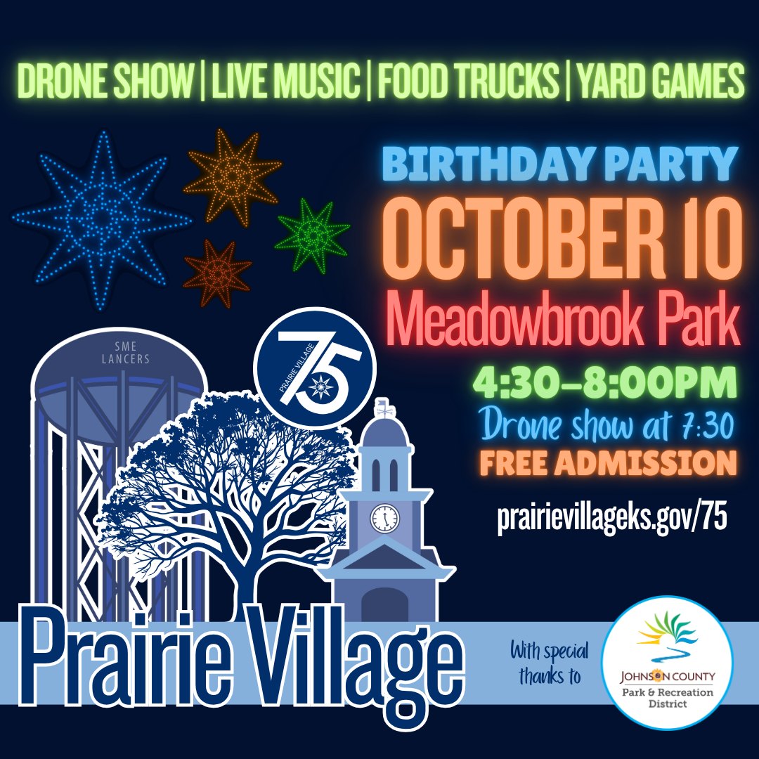 Event flyer for Prairie Village 75th birthday party with illustrated water tower and clock tower.