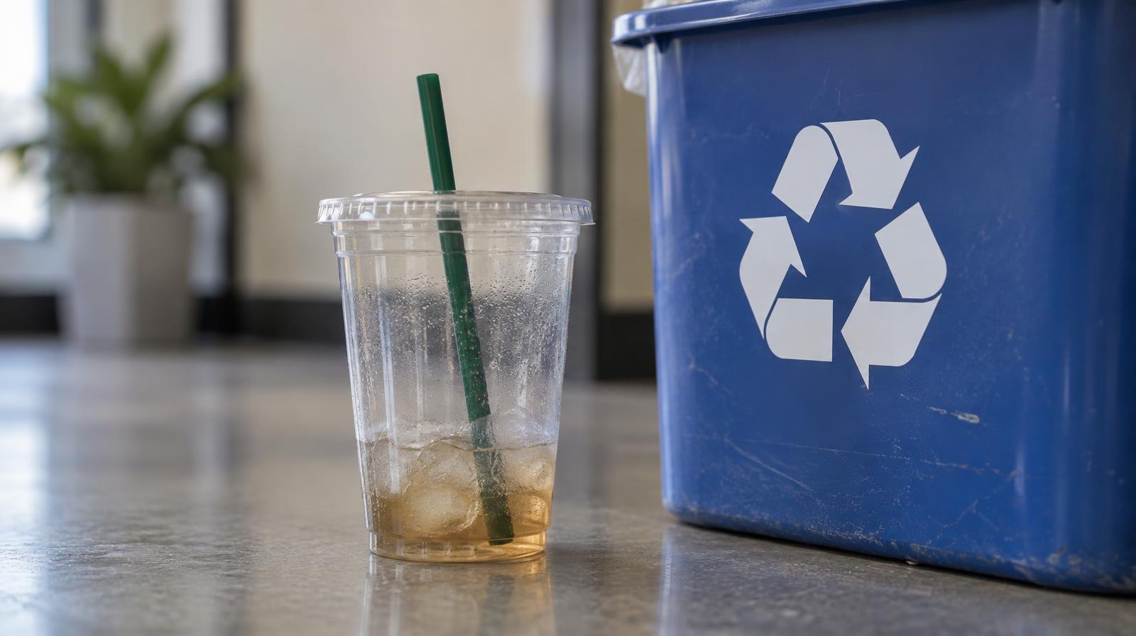 Clear plastic disposable cup next to a small recycling bin on a surface.