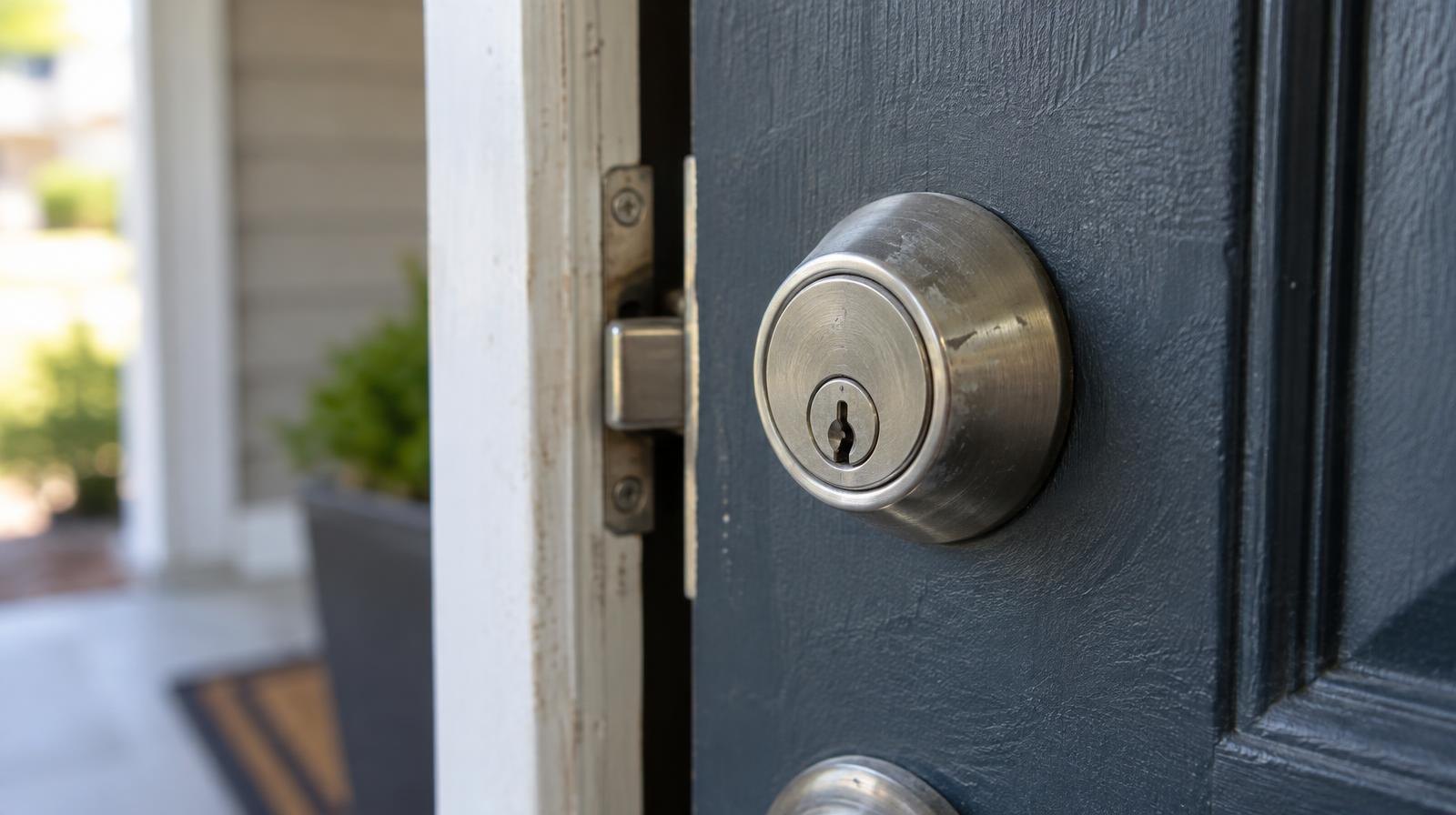 Close-up of a residential front door deadbolt lock on a wooden door frame.