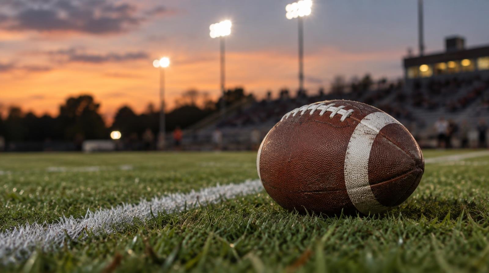 An American football resting on a grass field beside a white yard line at dusk.