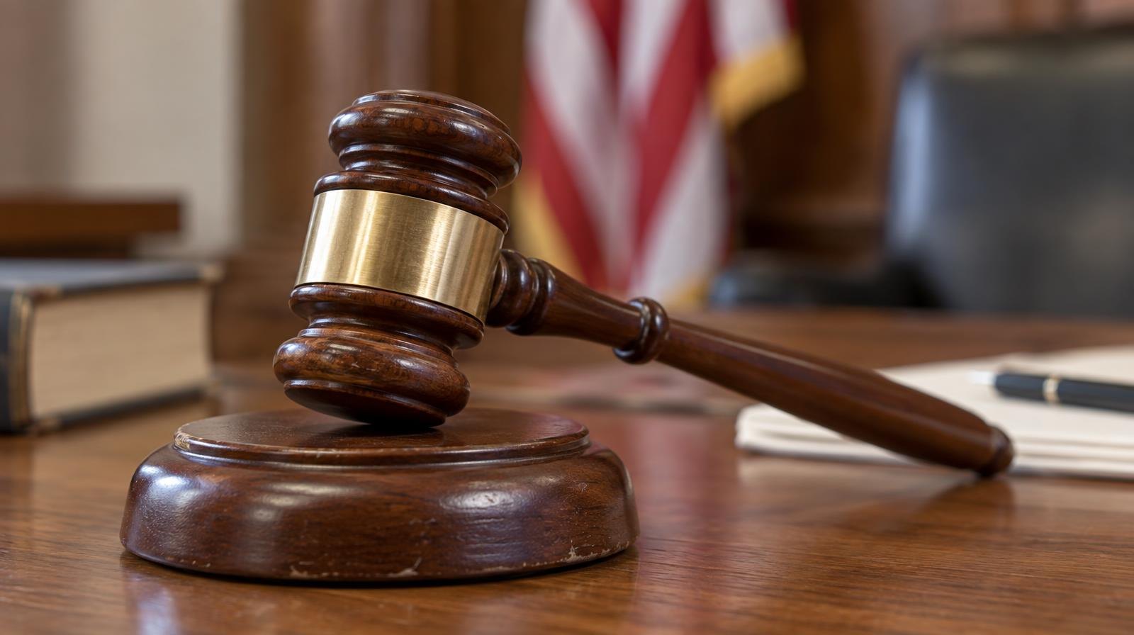 A wooden judge's gavel resting on its sound block.