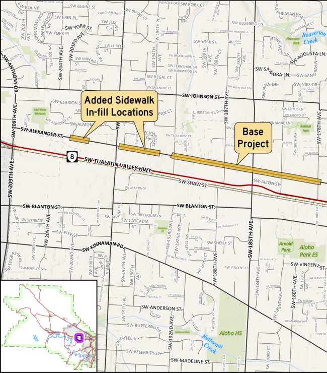 Street map highlighting a project corridor along a suburban road with labeled segments.