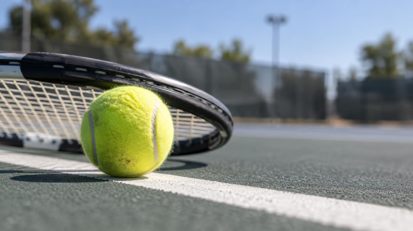 Yellow tennis ball and racket resting on a hard court beside a painted white baseline.
