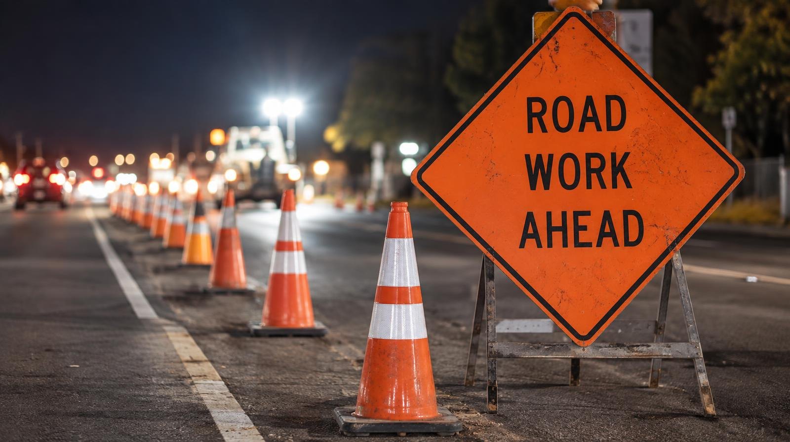 Row of orange traffic cones and a road work sign on a highway at night.