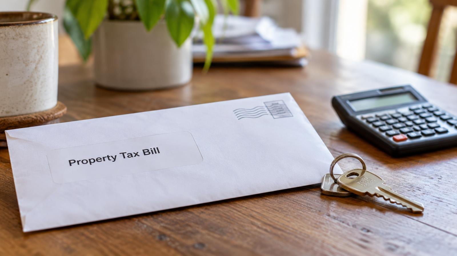 Tax bill envelope, house key, and small calculator on a wooden table