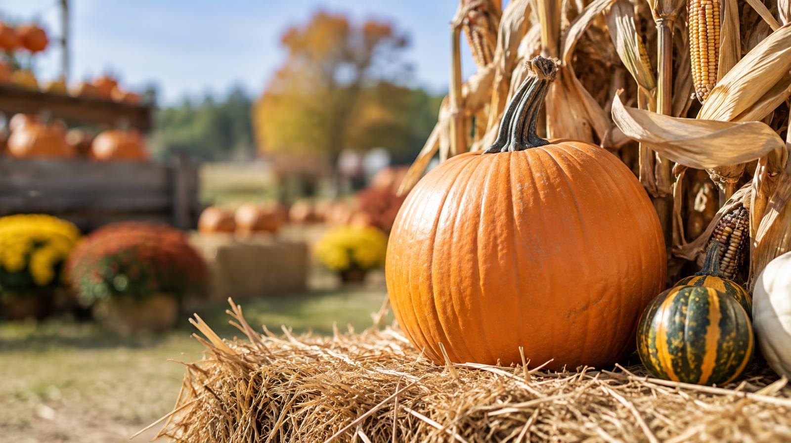 Orange pumpkin and dried corn stalks arranged on a hay bale outdoors.