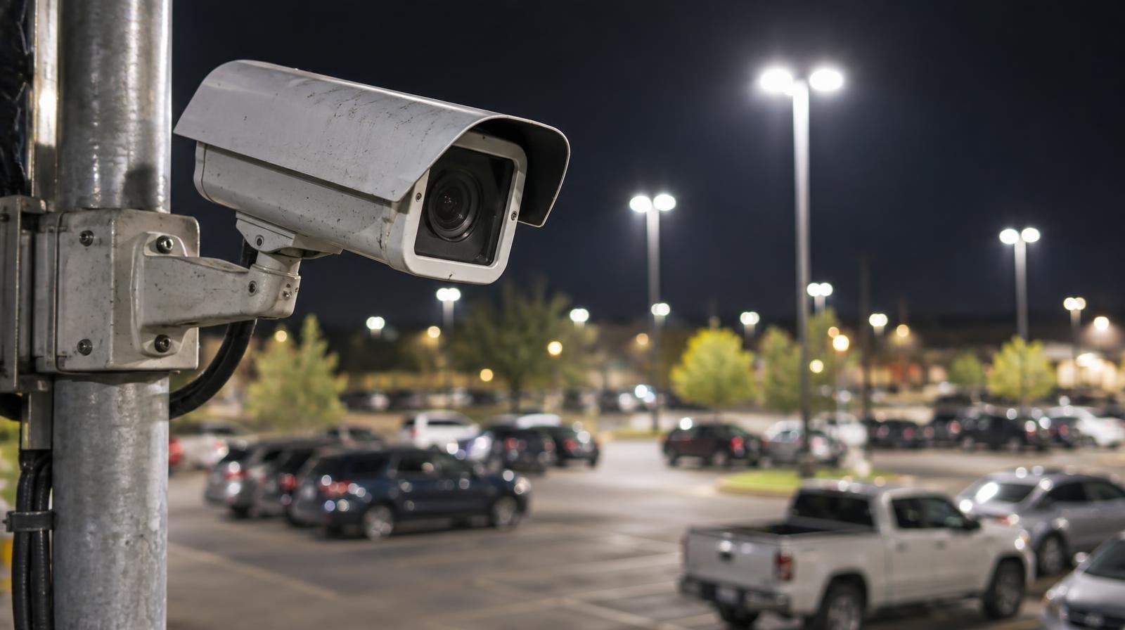 Security camera mounted on a pole over a lit parking lot at night.