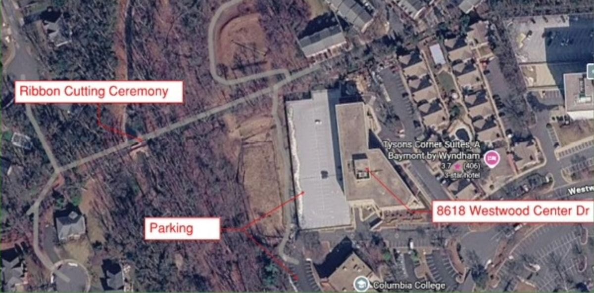 Annotated satellite aerial view with arrows marking a ribbon-cutting ceremony site and parking area.