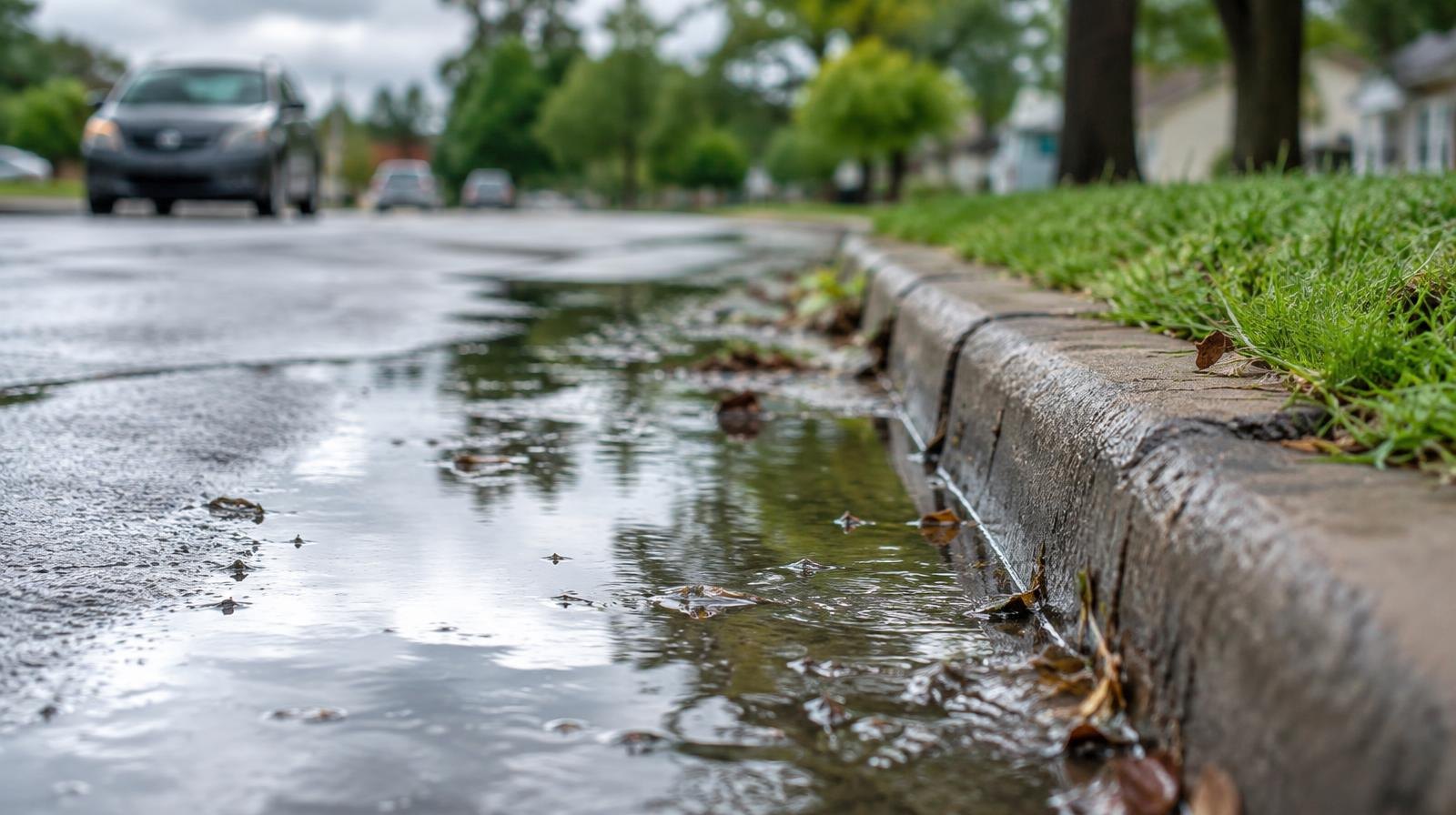 Floodwater pooling along a residential street curb after heavy rain.