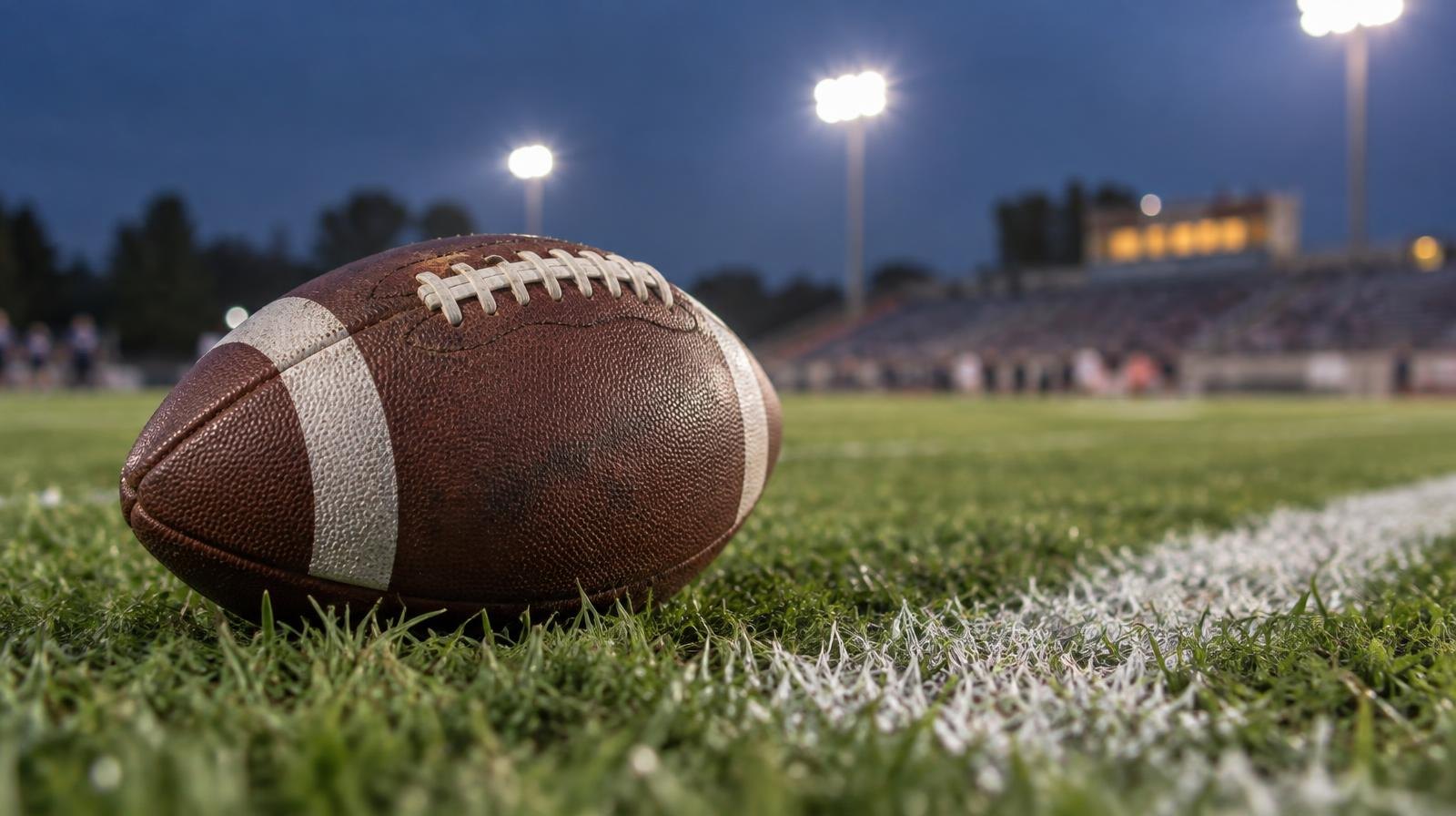 An American football resting on green grass near a white yard line
