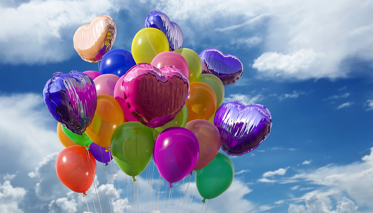 Balloons, heart, sky, decoration, party, colorful balloons, celebration, helium, fly, nature, float, shiny, happy birthd