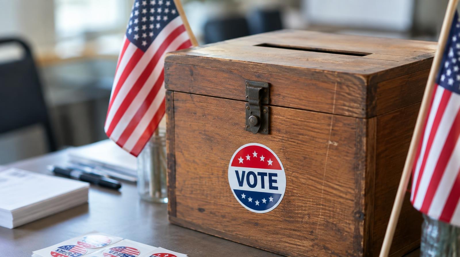 Wooden ballot box with a slot on top, surrounded by small American flags and a voting sticker.