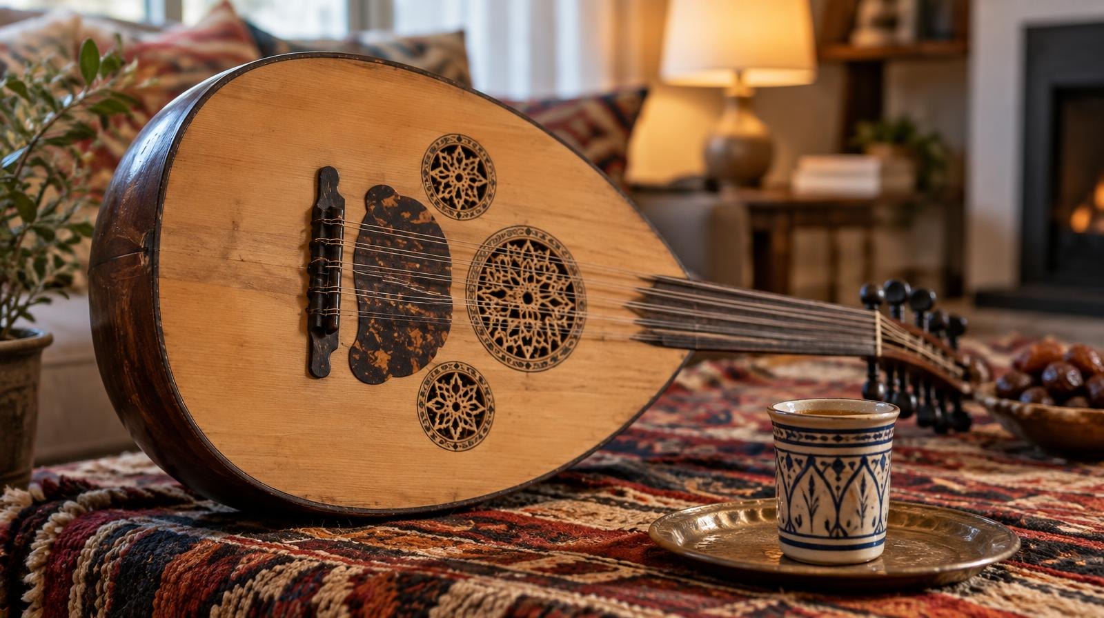A wooden oud lute resting on a colorful woven textile beside a small ceramic tea glass.