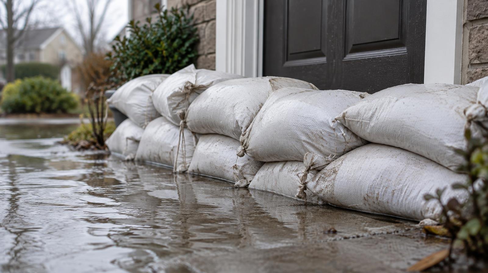 Stacked sandbags forming a barrier in front of a doorway with standing water nearby.