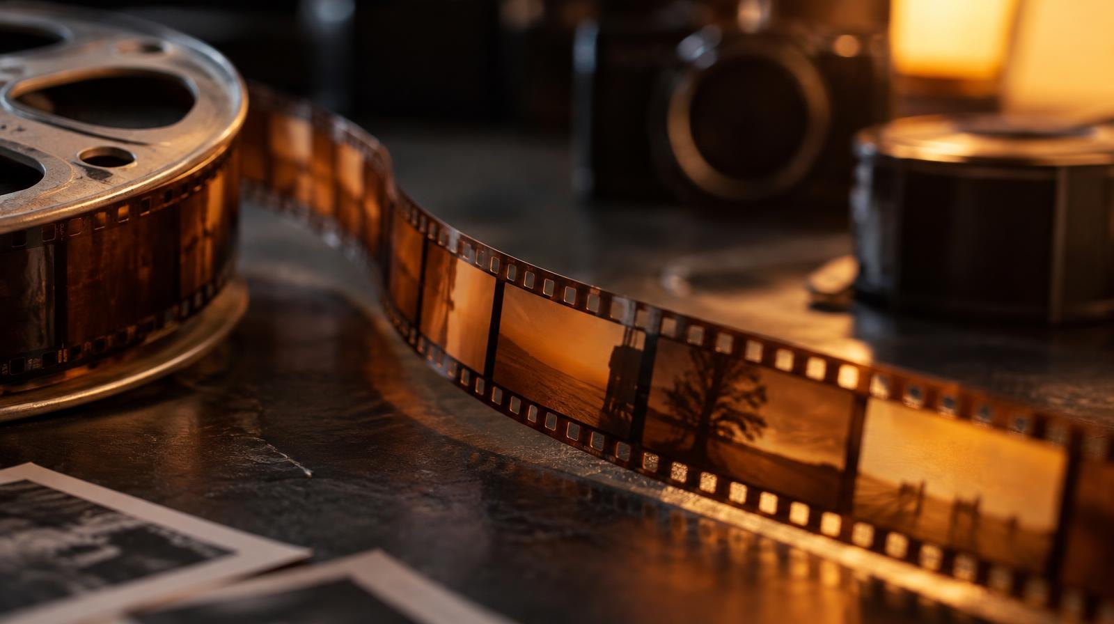 Close-up of a 35mm film strip unspooling on a dark surface with warm backlight.
