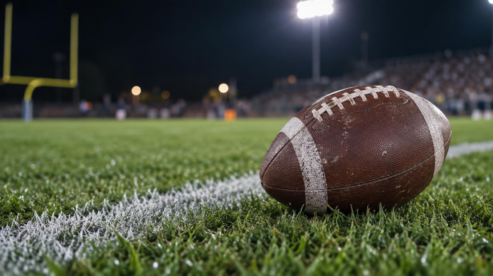 An American football on a grass field beside a white yard line under stadium lights.