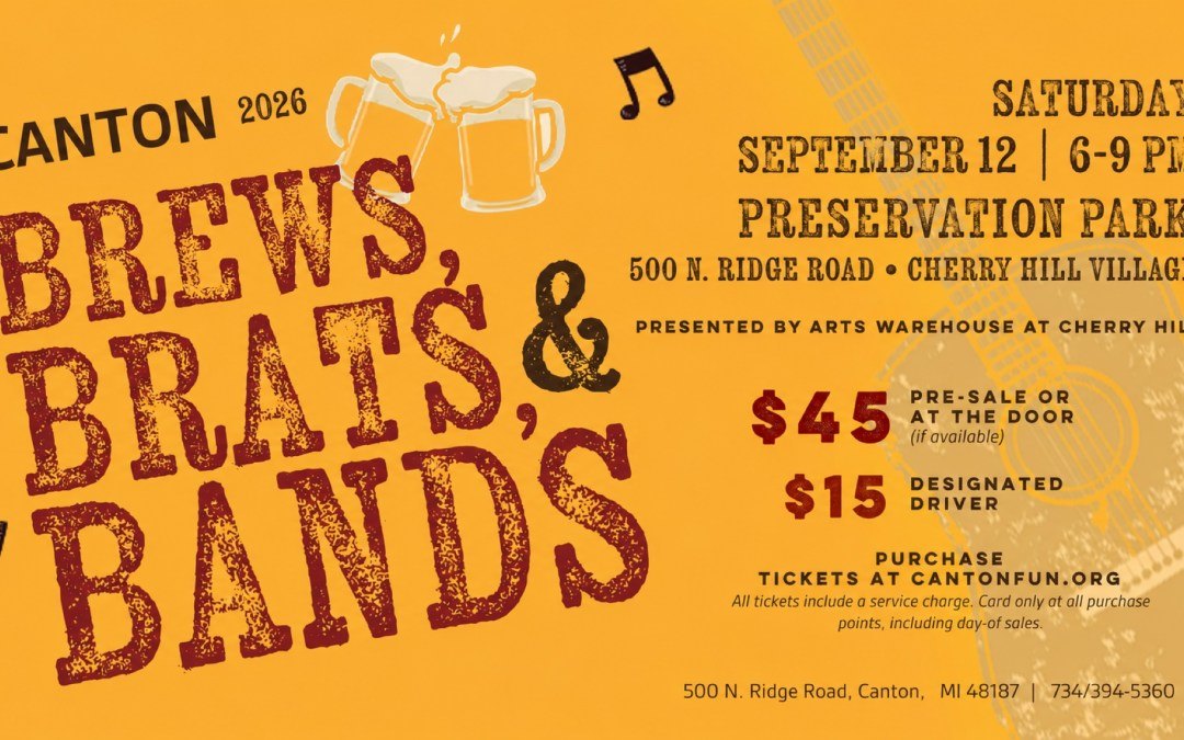 Orange event flyer for Brews, Brats and Bands with beer mug and music note graphics.