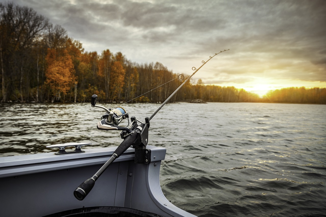Fishing boat, fishing rod, fishing, lake, hobby, boat, forest, woods, nature, water, river, sunset, outdoors, skyscape, 