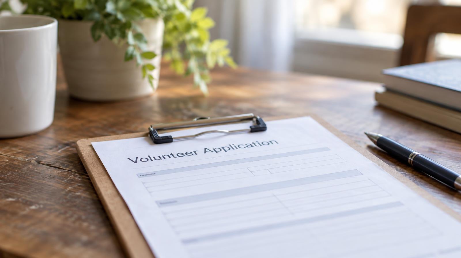 A clipboard with a form and a pen resting on a wooden table.