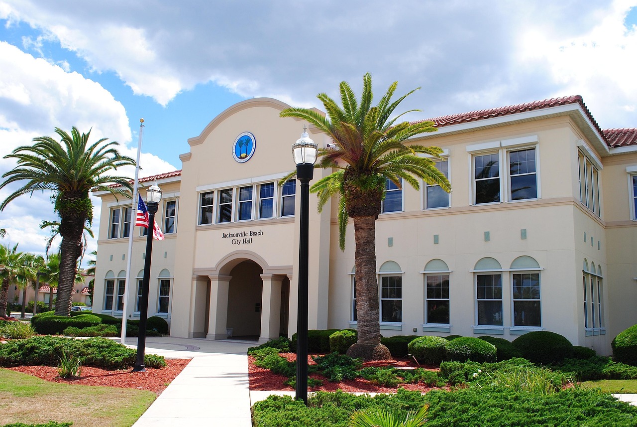 Jacksonville, florida, city hall, beautiful flowers, flower background, sky, clouds, building, architecture, grass, palm