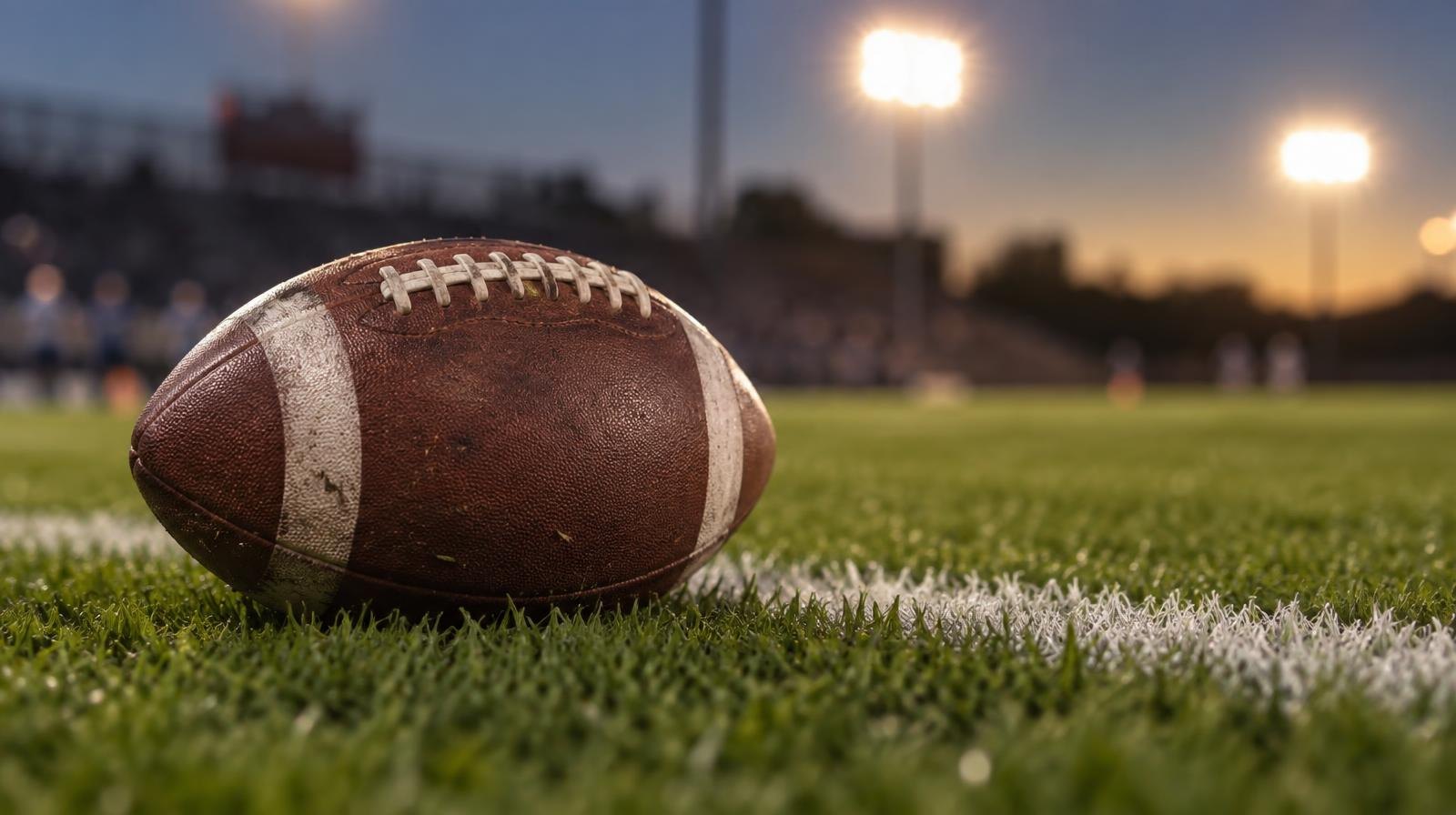 An American football resting on green grass near a white yard line under stadium lights.