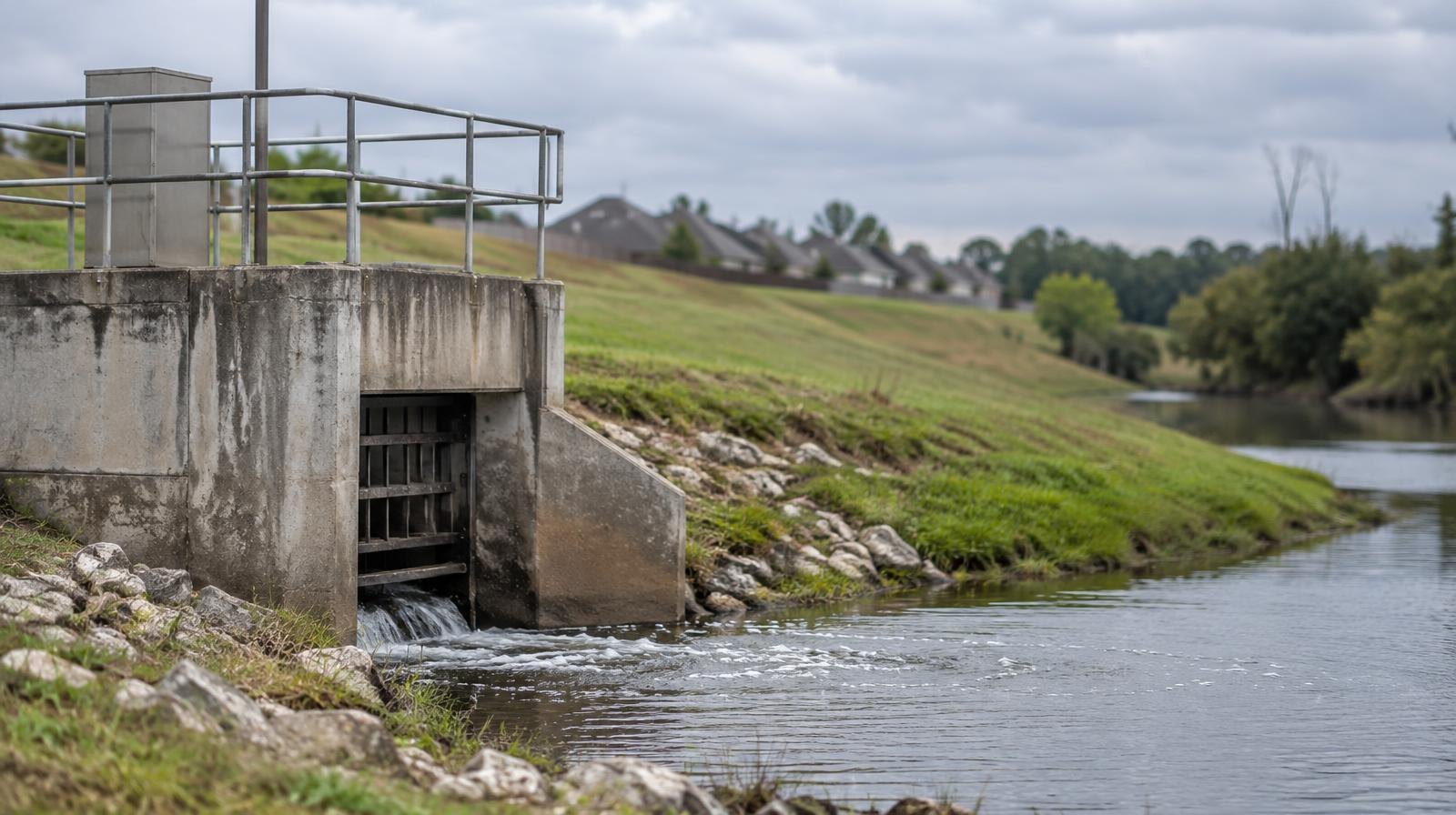 Wide earthen stormwater detention basin with a concrete outlet structure beside a slow-moving channel.