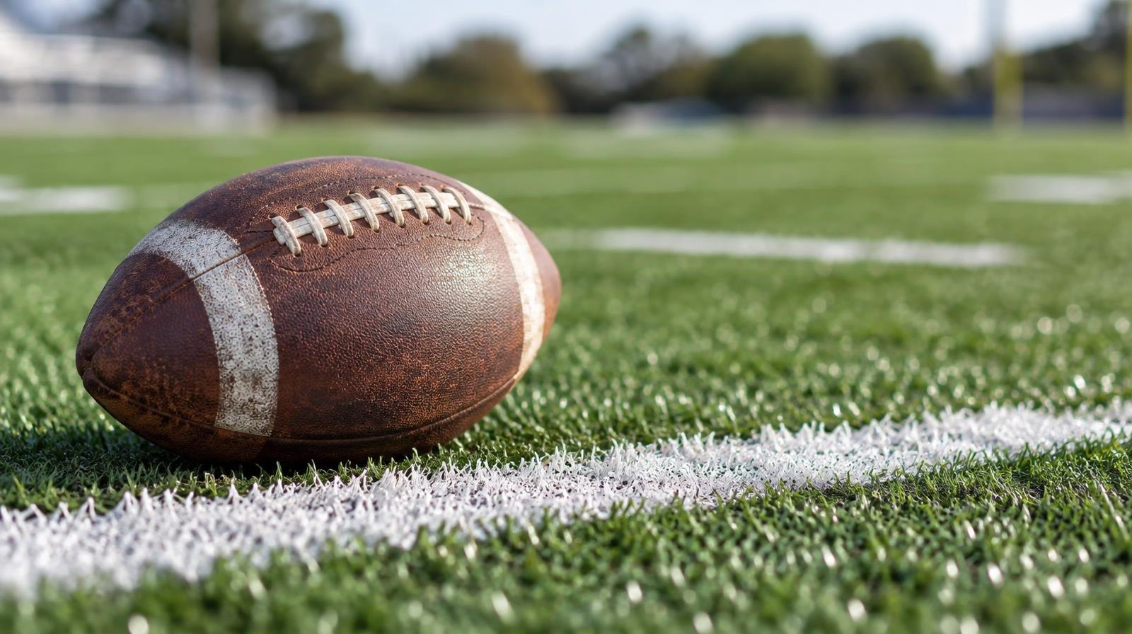 An American football resting on green artificial turf beside a white yard line.