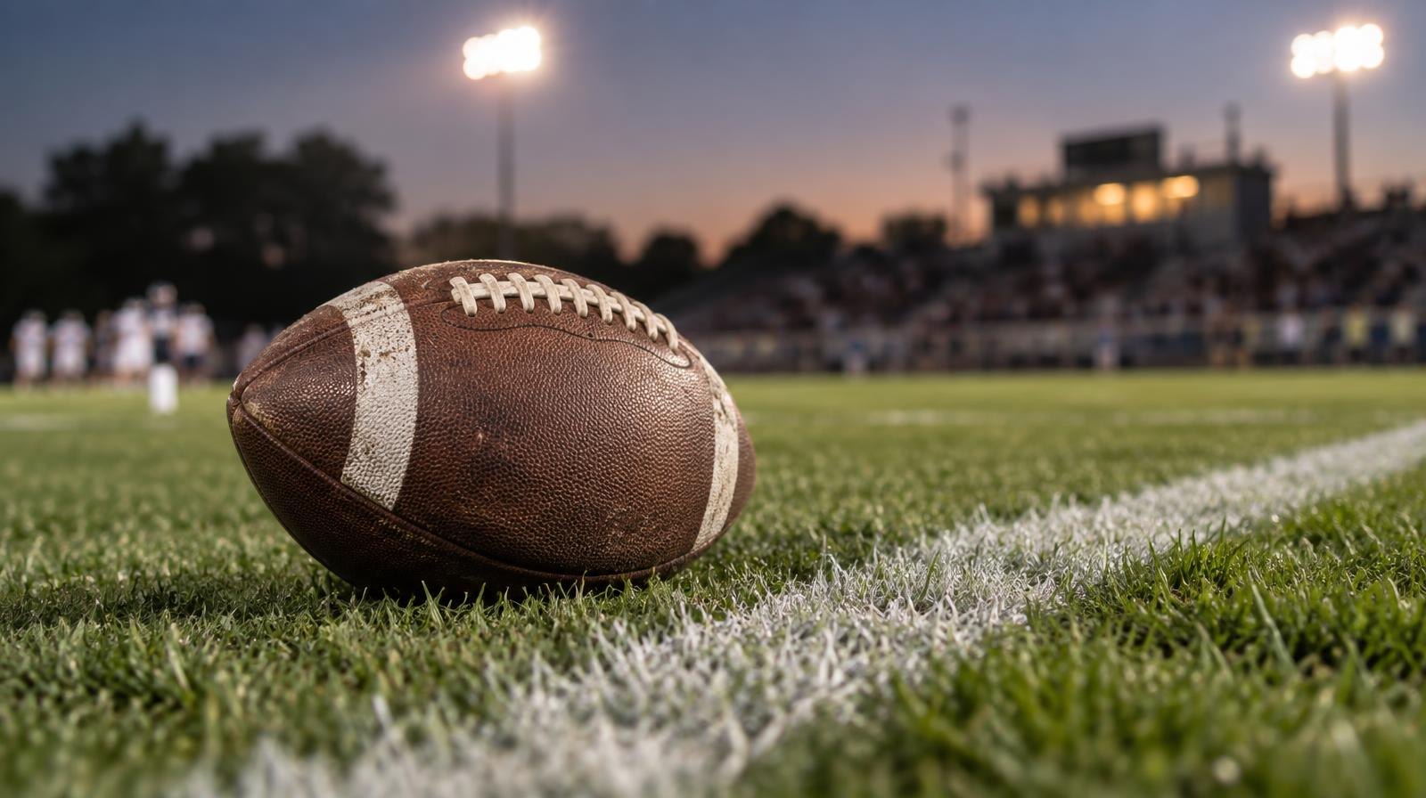 An American football resting on green grass beside a white painted yard line.