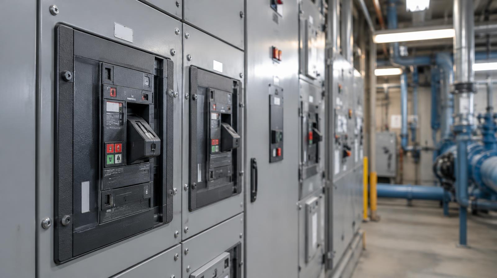 Heavy-duty industrial electrical switchgear panels with circuit breakers in a utility room.