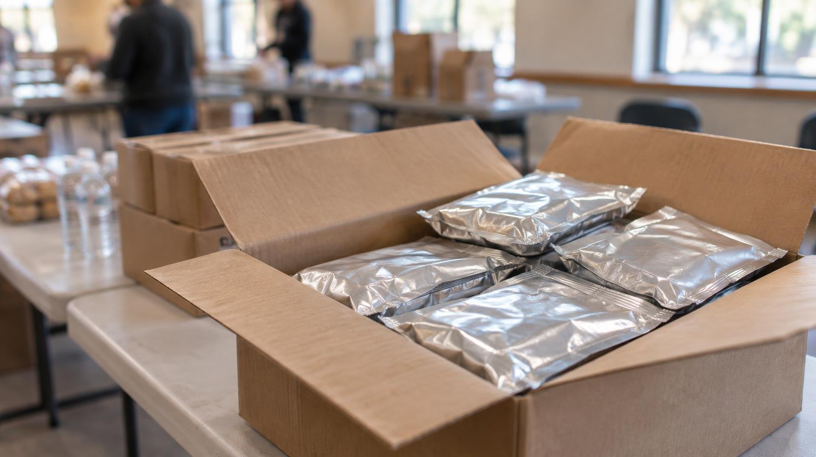 Sealed foil meal packets stacked in an open cardboard box on a table.