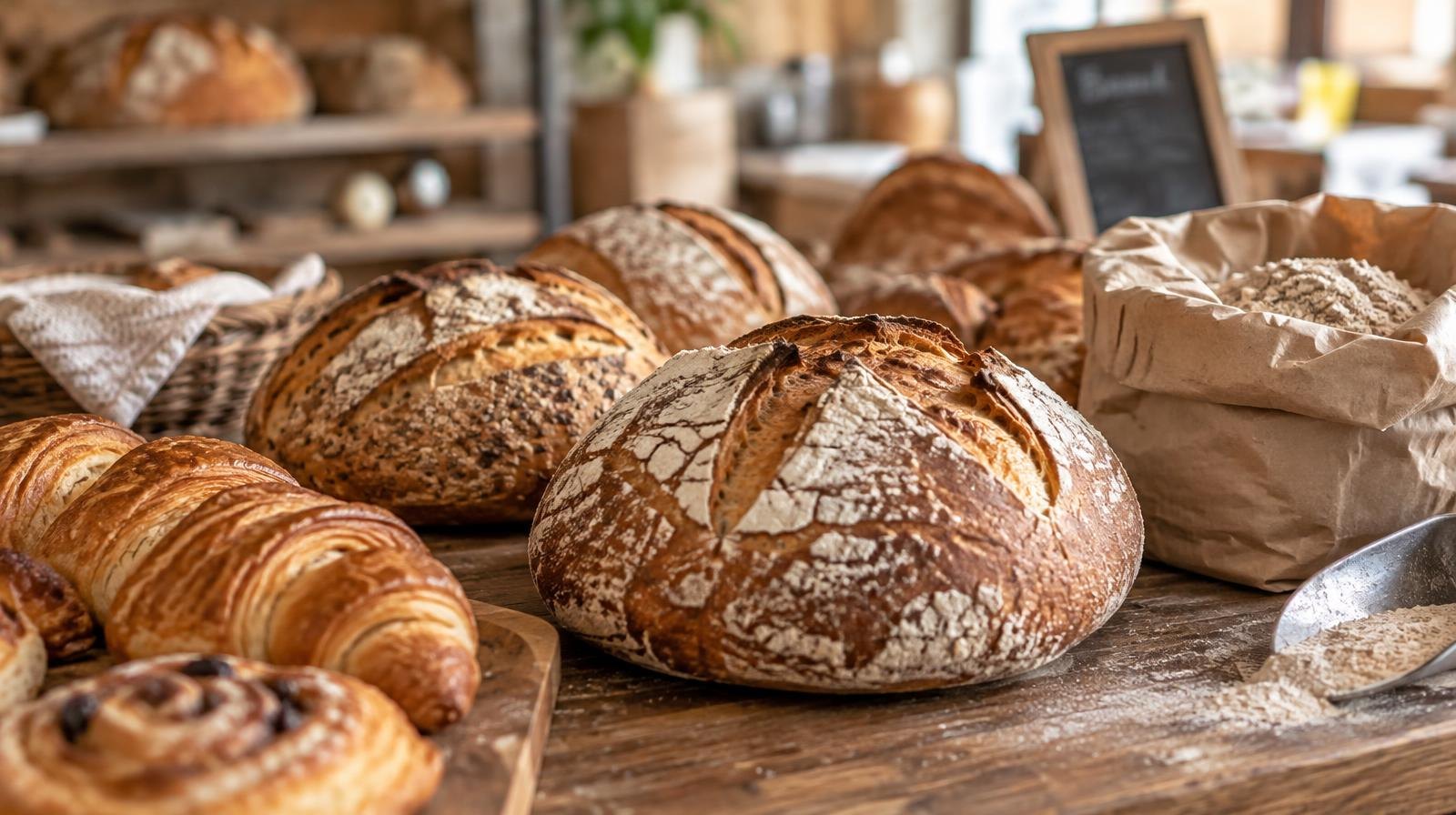 Artisan sourdough loaves and pastries arranged on a wooden bakery counter.