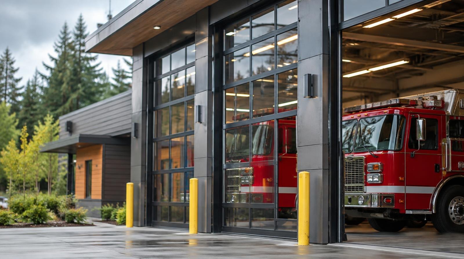 Red fire trucks visible through large glass doors of a modern fire station bay.