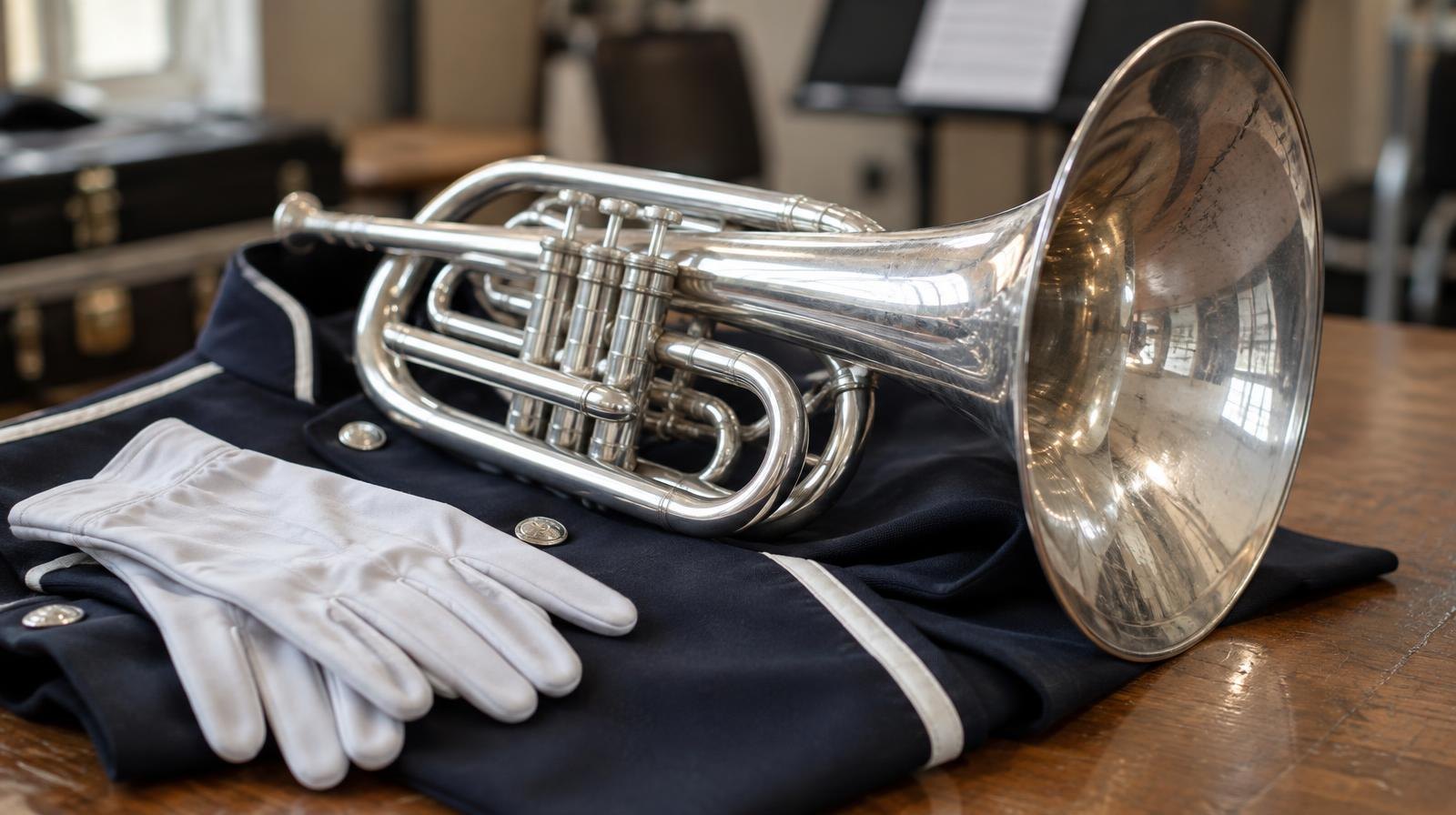 A silver brass instrument resting on a dark uniform jacket with white gloves beside it.