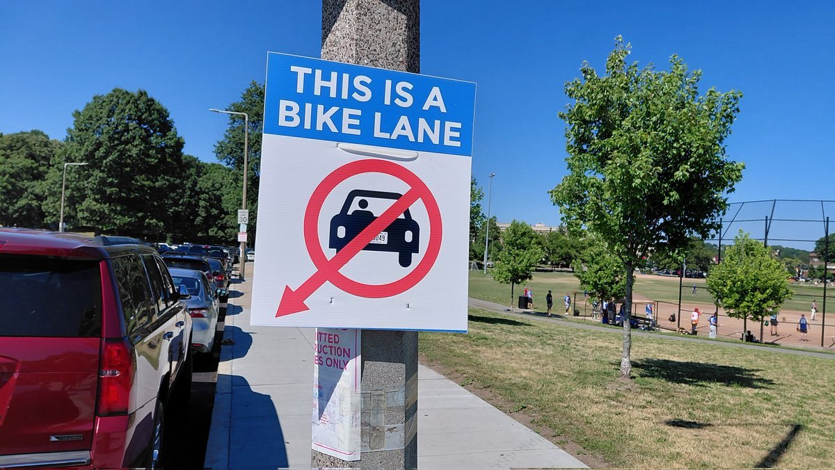 Blue and white bike lane sign with no-car symbol on a pole along a sunny street.