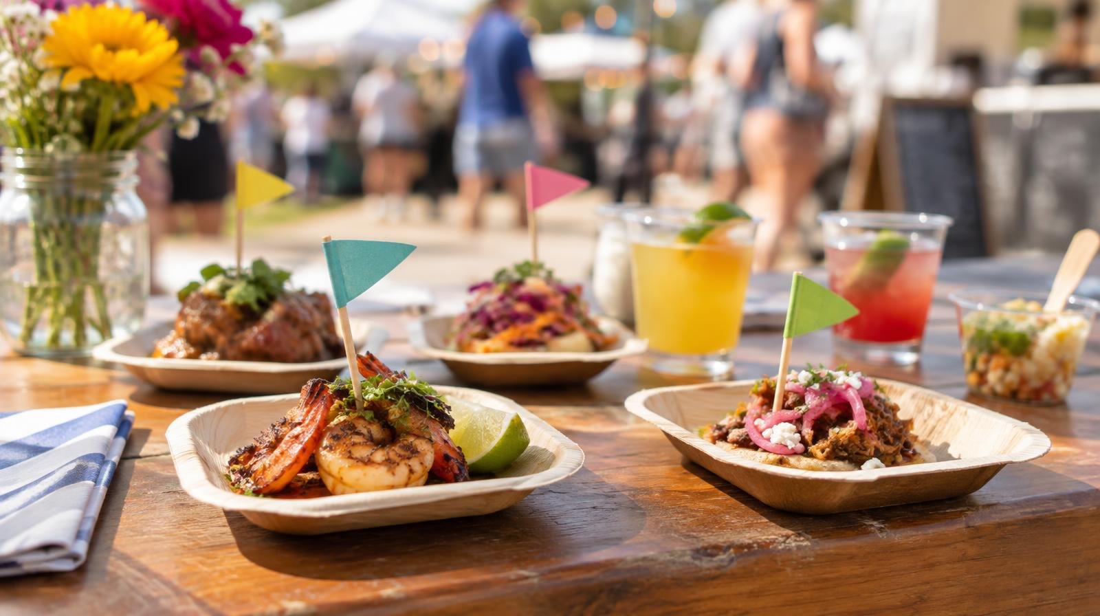 Assorted small tasting plates and sample cups on a wooden table outdoors.