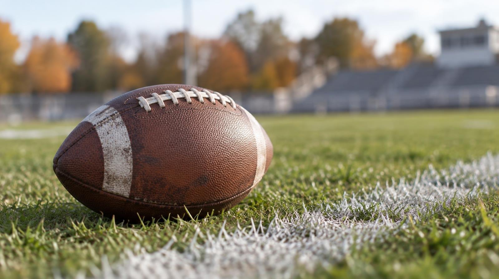An American football resting on green grass beside a white yard line