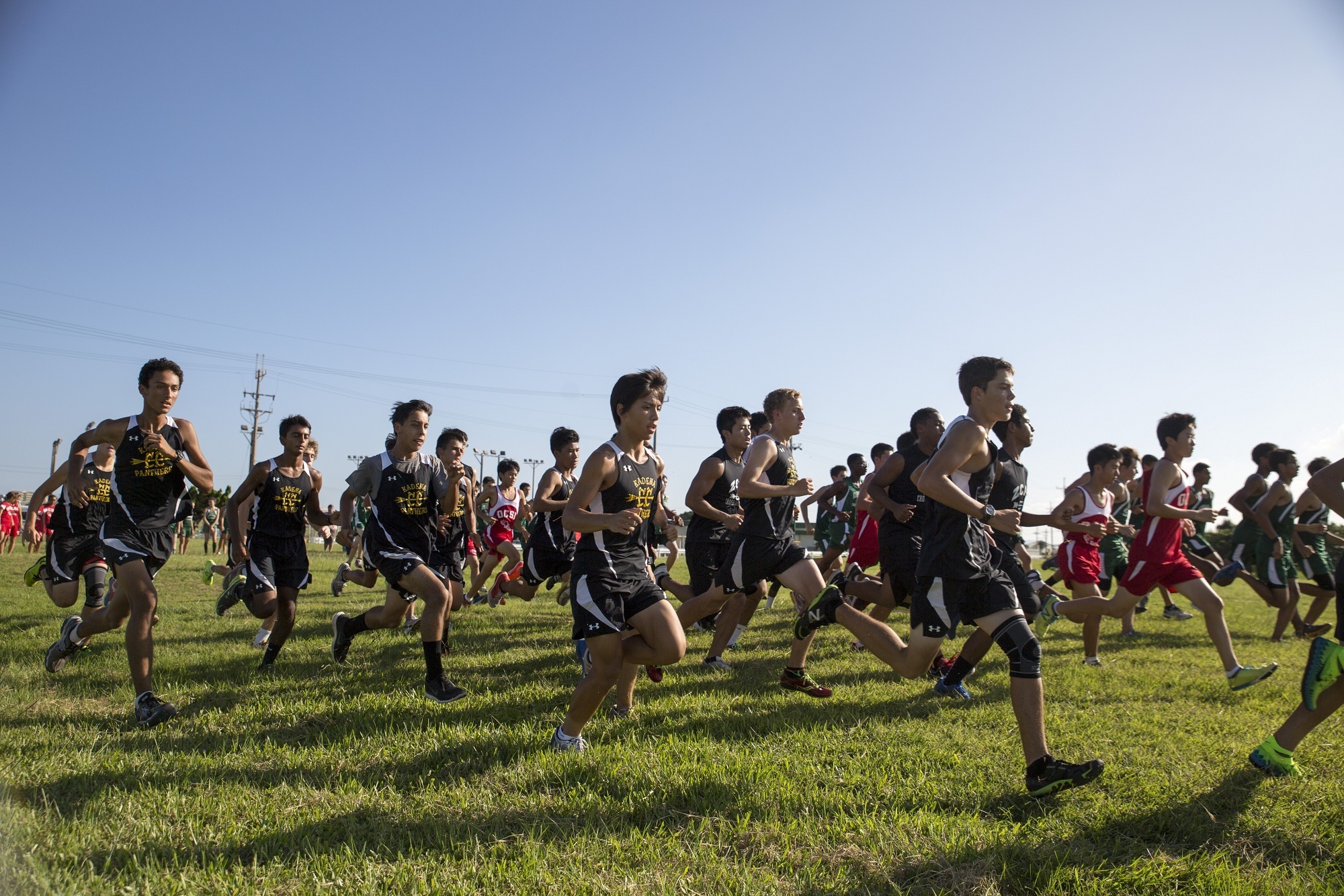 A large group of high school runners sprint at the start of a cross country race on a grass field.