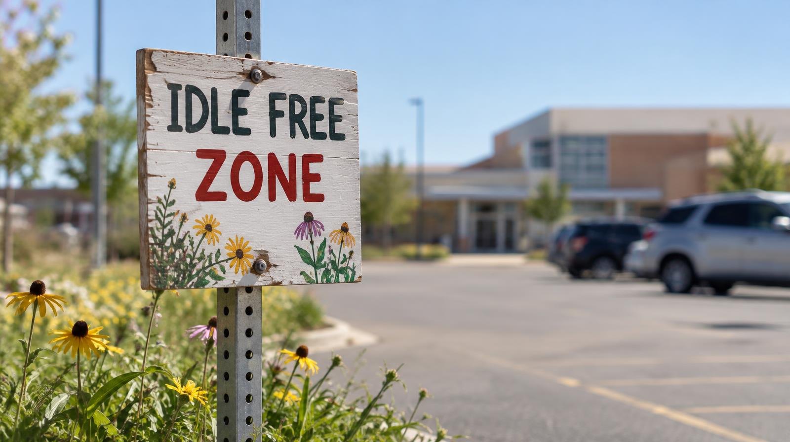 A wooden idle-free zone sign on a metal post in a parking lot.
