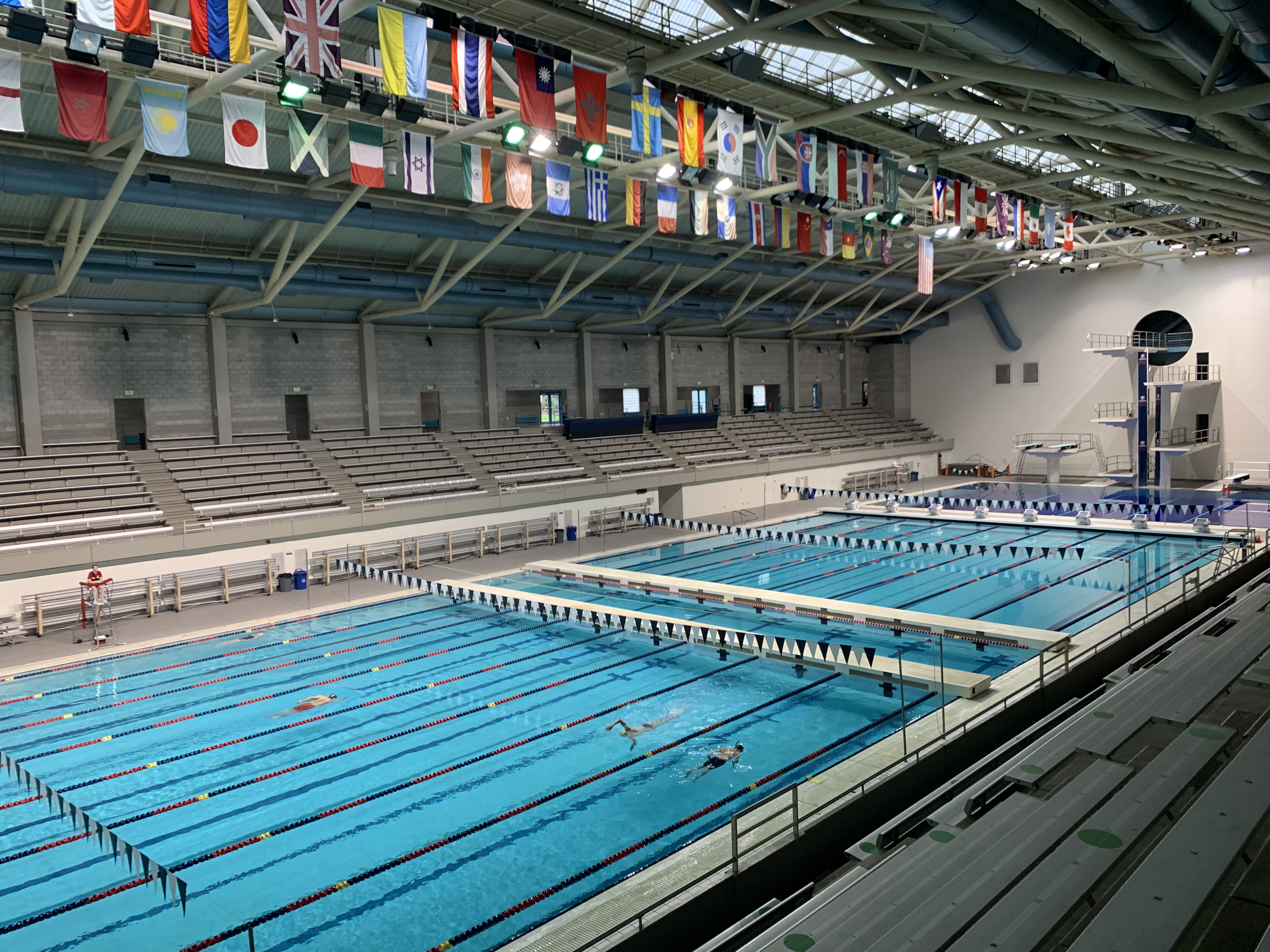 Indoor swimming pool with multiple lap lanes, bleachers, and a diving tower.