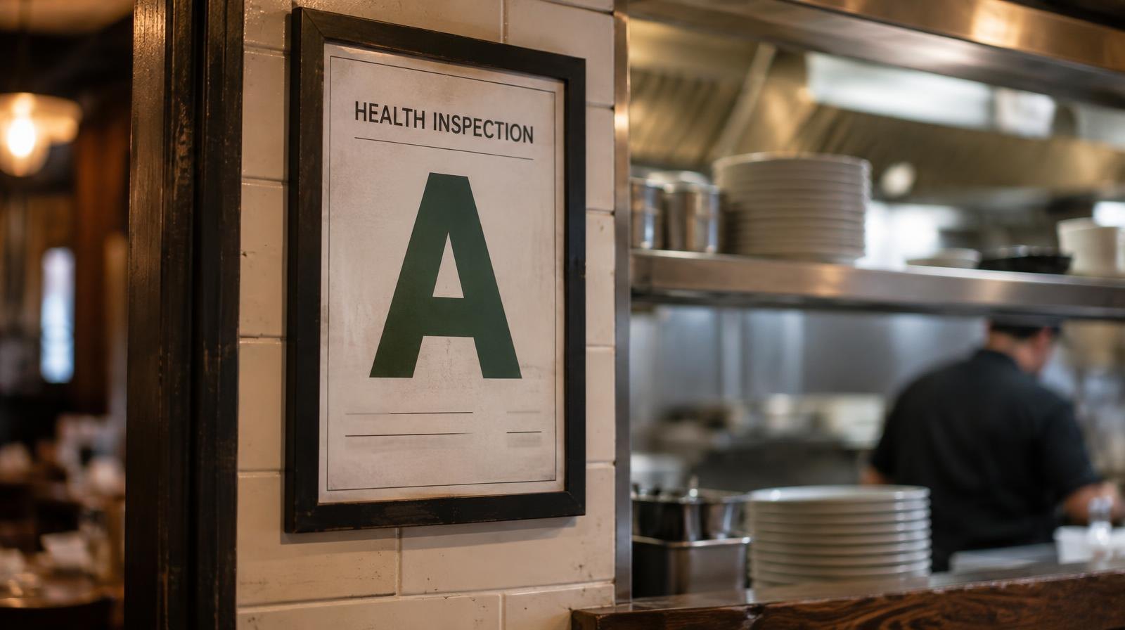 A health inspection score certificate posted on a wall near a restaurant kitchen window.