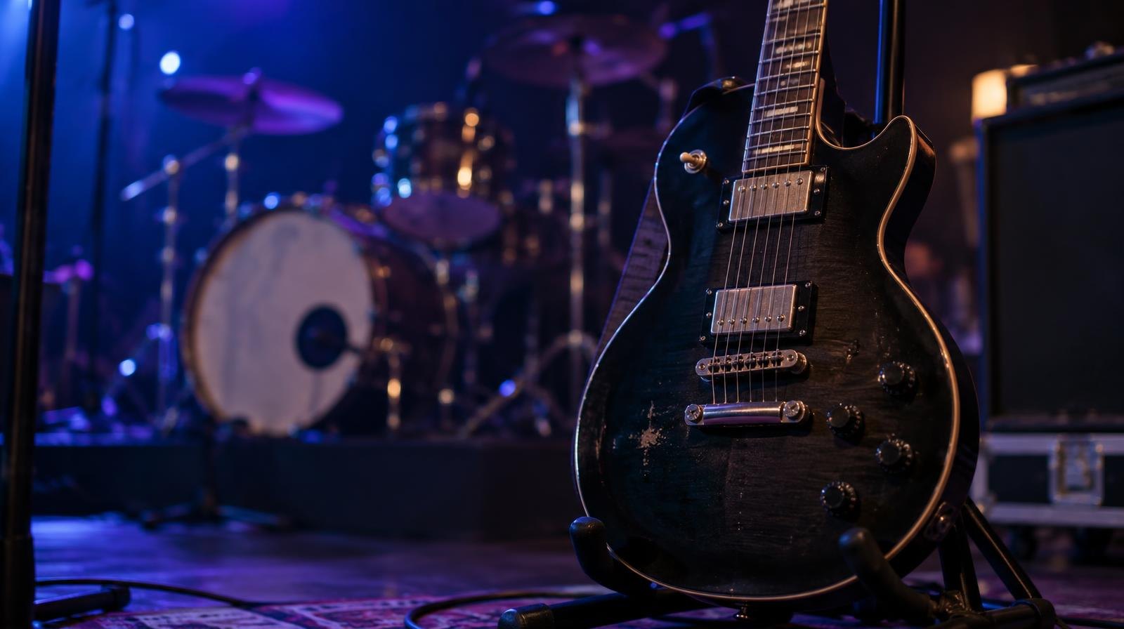 A dark electric guitar on a stand with a blurred drum kit behind it under stage lighting.