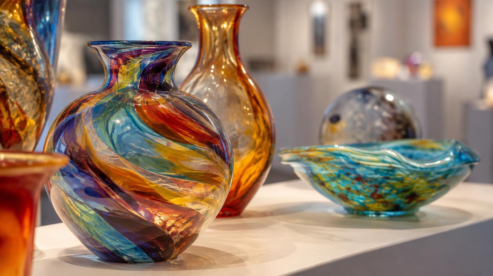 Several colorful glass art vessels with swirling translucent patterns arranged on a display surface.