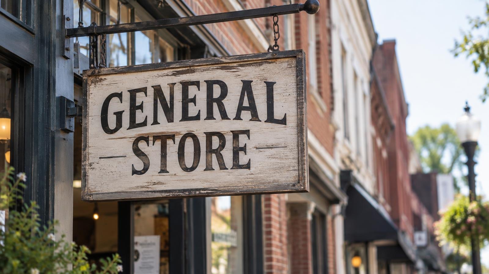 Wooden sign mounted above a brick storefront entrance.
