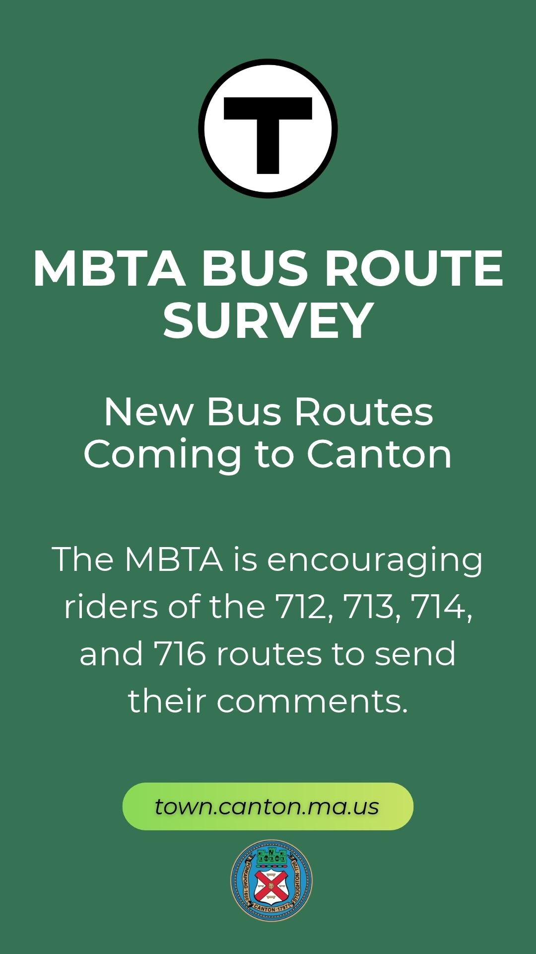 A green flyer announcing an MBTA bus route survey for Canton routes.