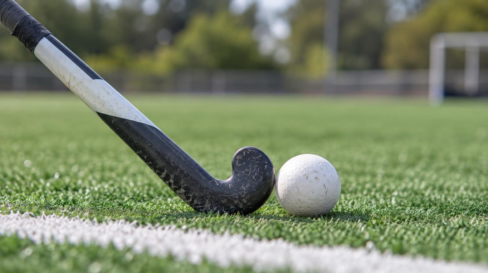 A field hockey stick and ball resting on green artificial turf near a white line.