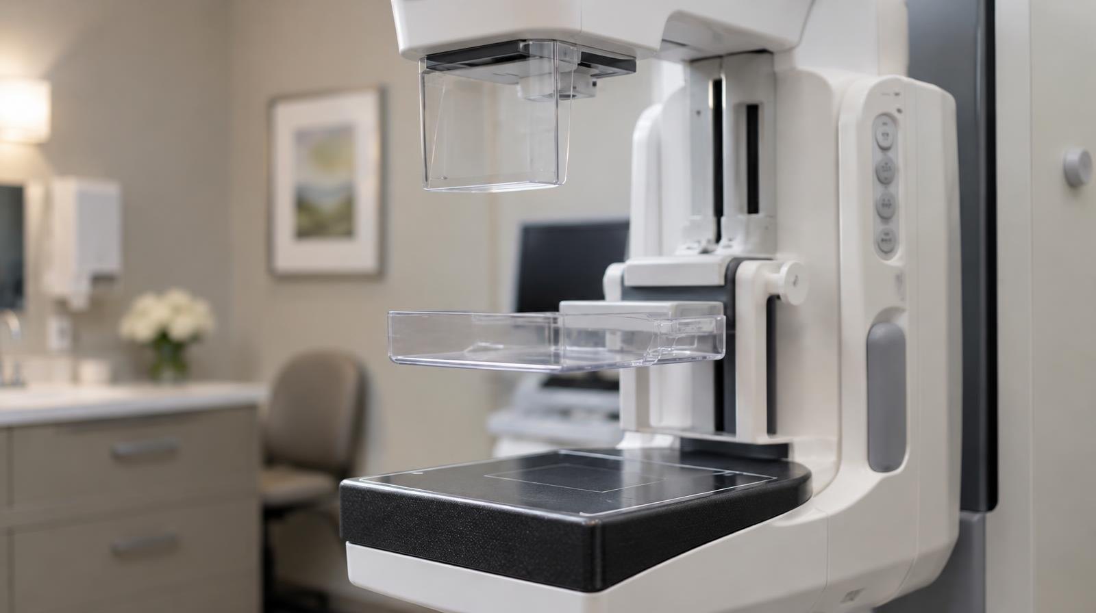 A modern mammography machine in a clean, softly lit clinical examination room.