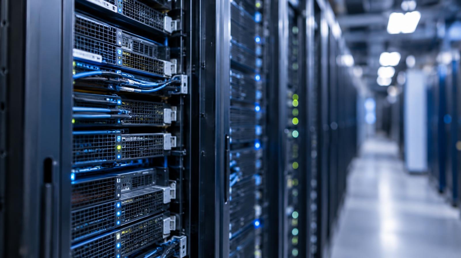 Rows of illuminated server racks inside a large data center.