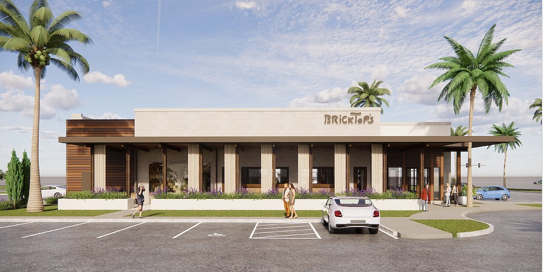 Architectural rendering of a single-story BrickTop's restaurant with palm trees and a parking lot.
