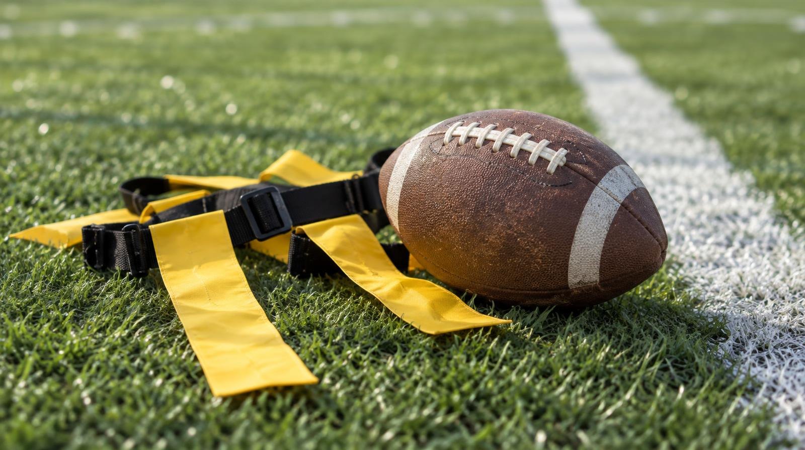 A football, flag belts, and flags rest on green grass beside a white yard line.