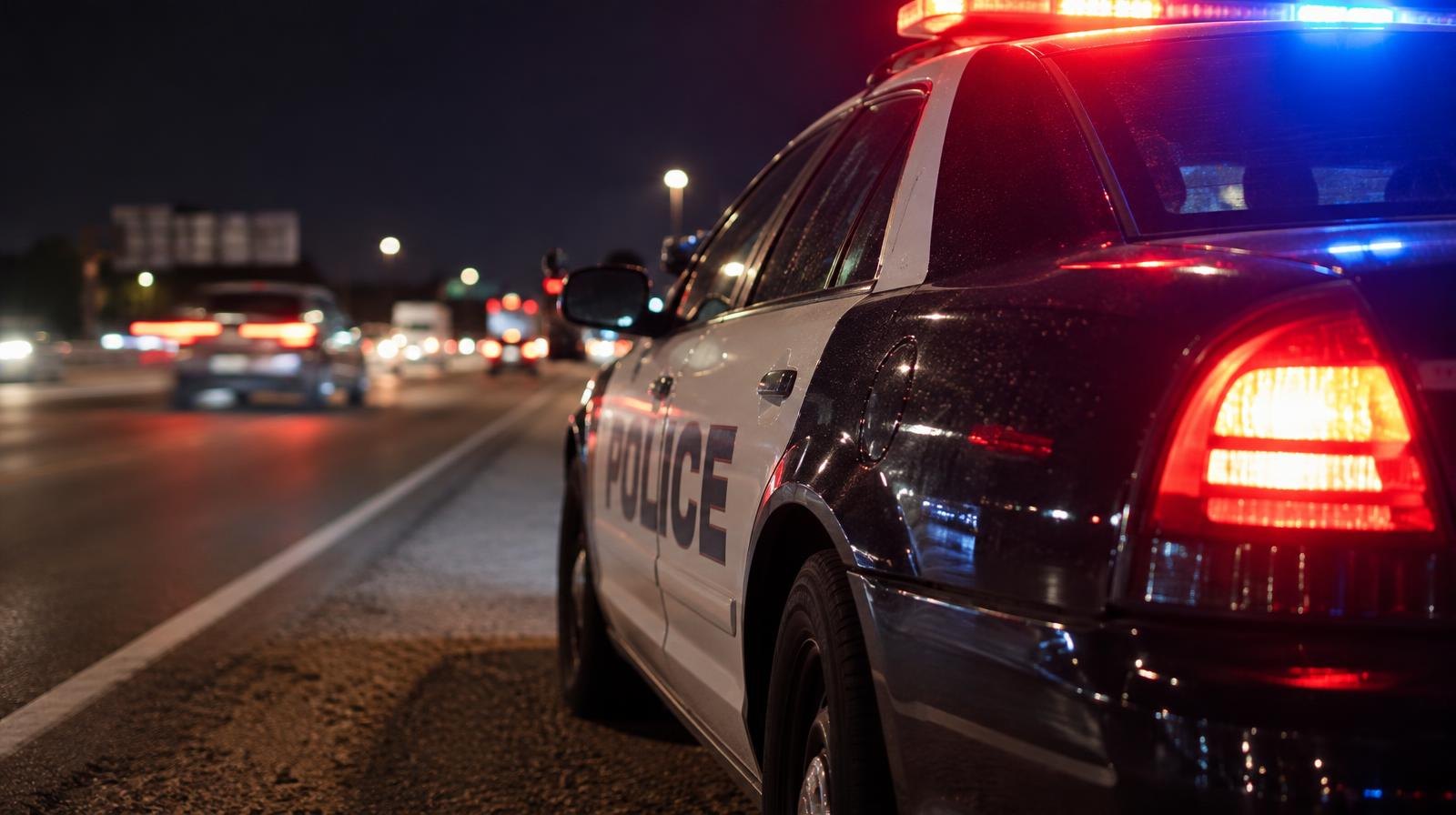 Police patrol car with flashing red and blue lights parked on a dark highway shoulder.